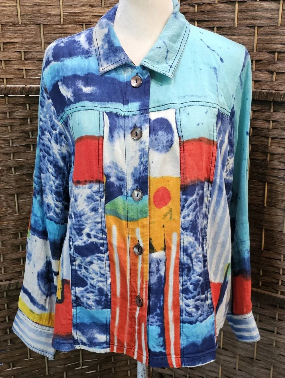 Parsley & Sage Turquoise Blue Multi-Color Abstract Button Jacket